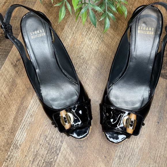 Stuart Weitzman wedge Patton leather wedge woven bamboo open toe - Picture 3 of 15